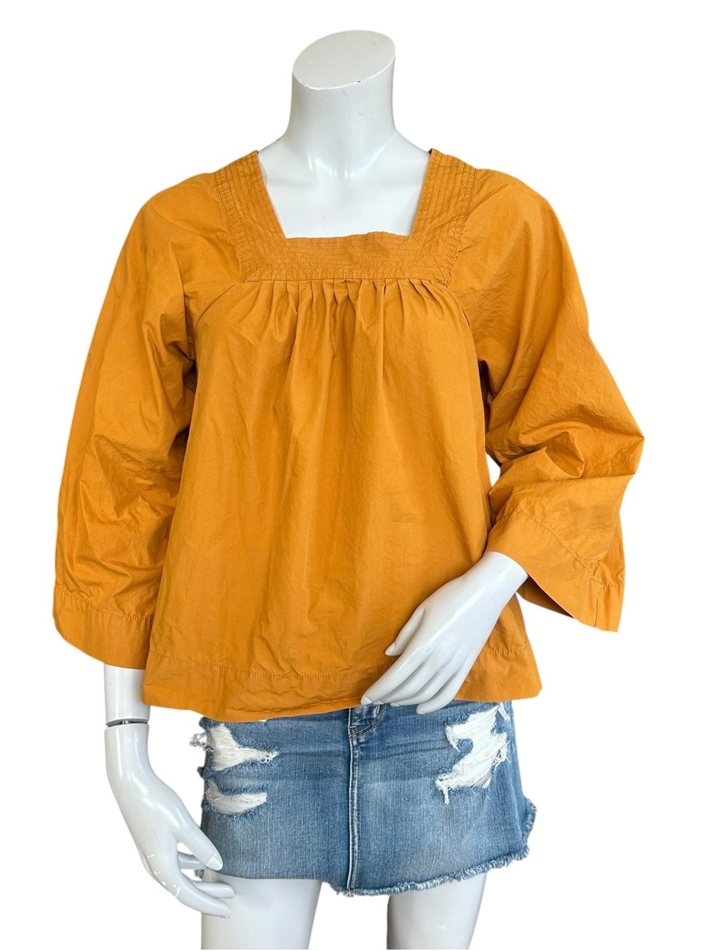 Madewell Ochre Square Neck Wide Sleeve 100% Cotton Blouse Bronzed Leaf Small